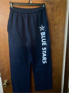 Medium Blue Stars Drum And Bugle Corps Open Bottom Sweat Pants With Pockets.